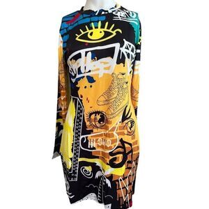 Medium Bodycon Long Sleeve Dress Multicolor Sneakers Eye Graffiti Wall Print
